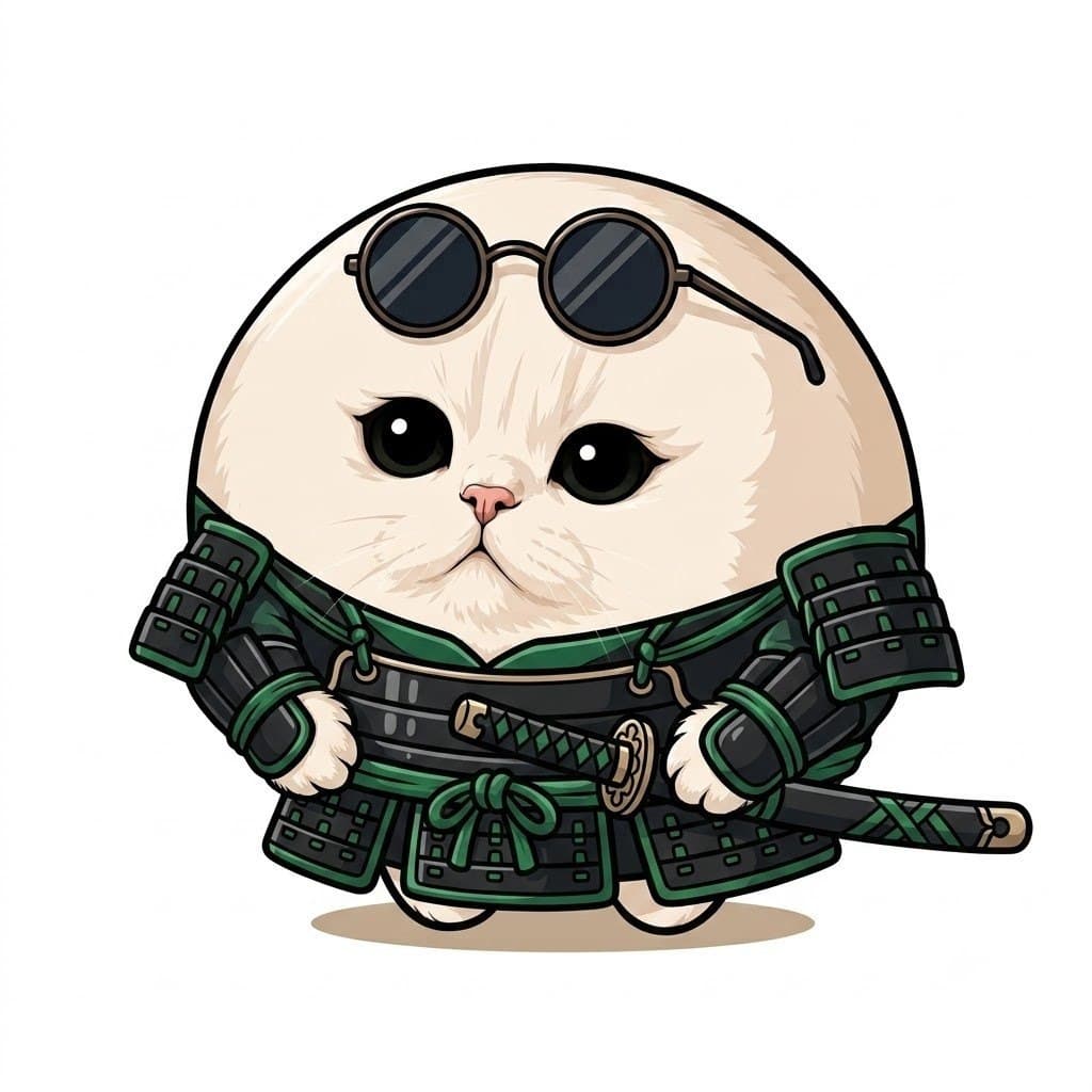 Mochi Cat in samurai armor with a katana